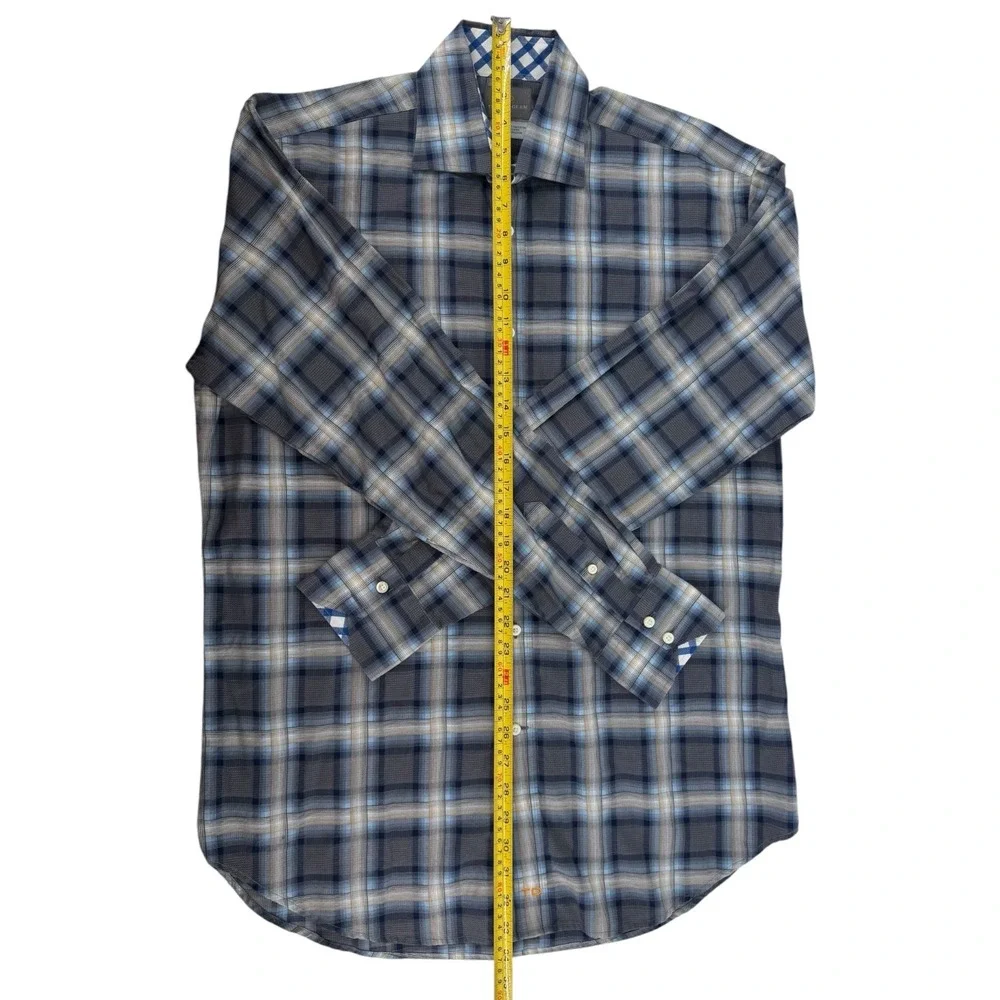 Thomas Dean Mens L Pima Cotton Plaid Button Down Shirt Grey Blue Gingham Trim